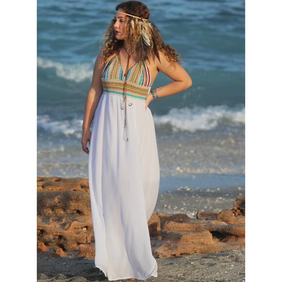 Elan Dresses & Skirts - ELAN Tropical Halter Maxi Sundress Cover Up Boho Breeze Resort White Women's S